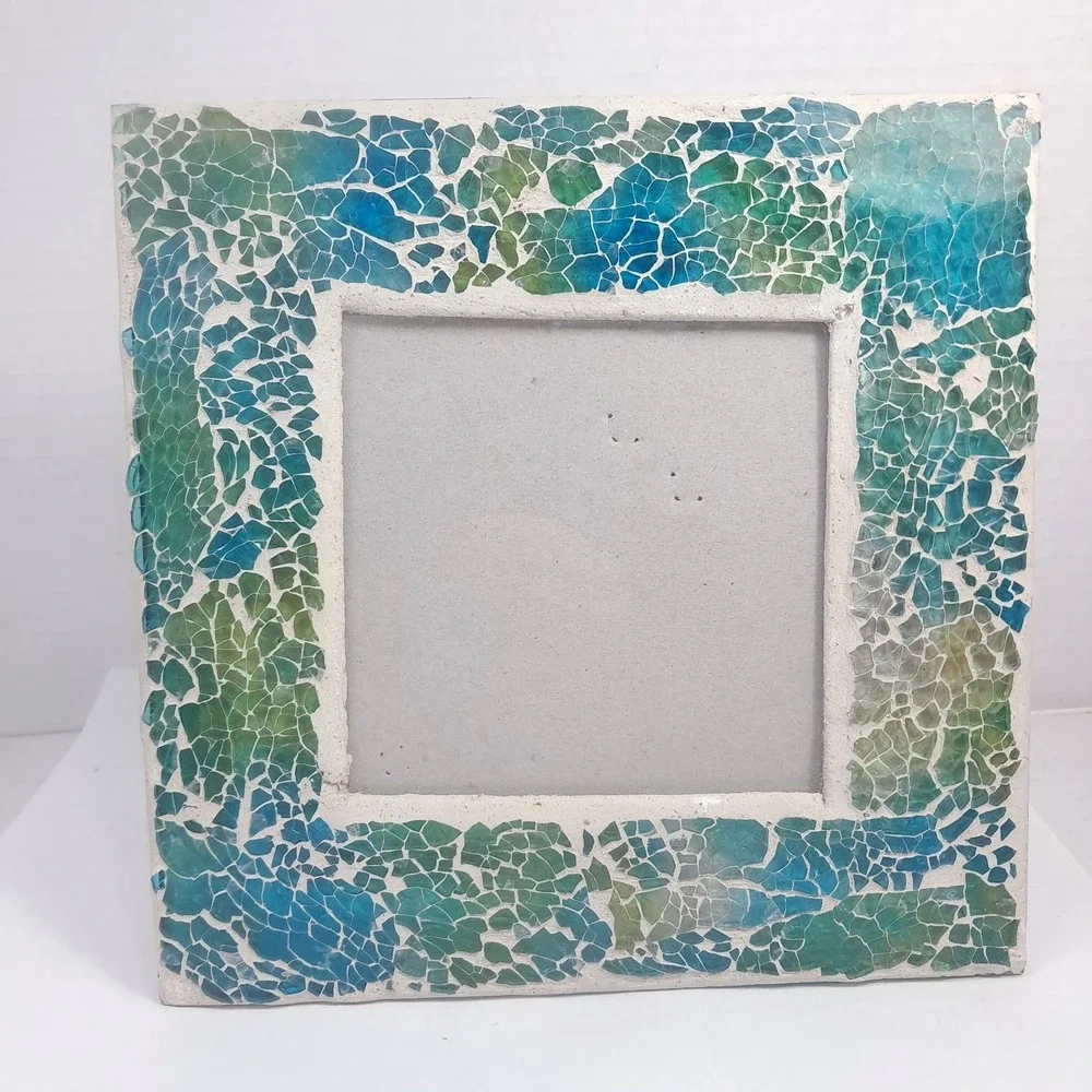 Vintage Pier 1 One picture photo frame blue teal green square stained glass